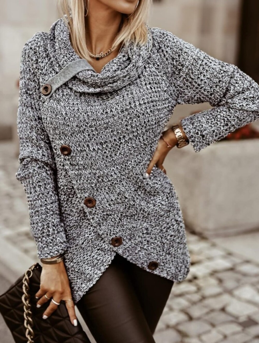 Cozy Button-Front Cowl Neck Sweater